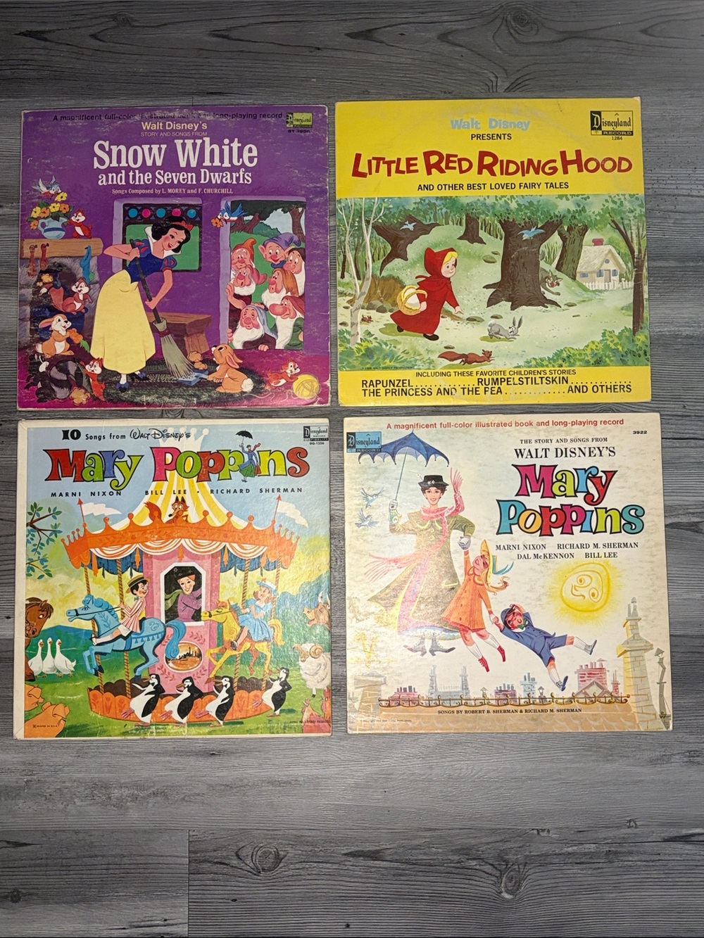 Disney Vinyl Record Lot of 4– Snow White 2 Mary Poppins, little red riding hood
